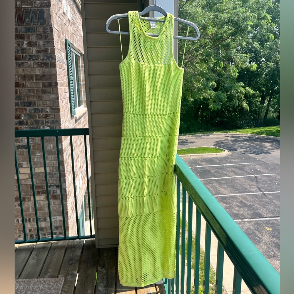 🆕Rachel Zoe Neon Lime Crochet Knit Maxi Dress Size S Boho Resort Beach Cover-Up - Picture 3 of 15